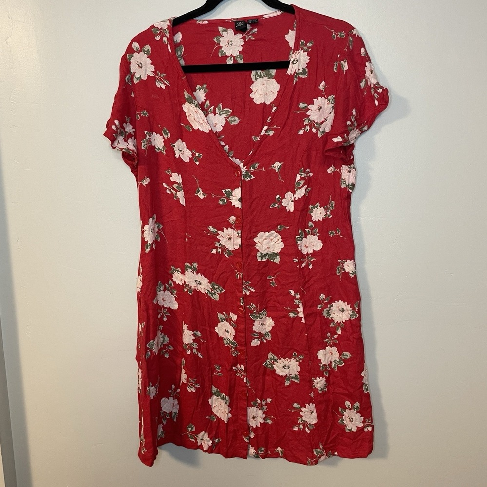 Volcom Red Floral Print Button Up‎ Dress w/ Pockets Junior Women's Size Large